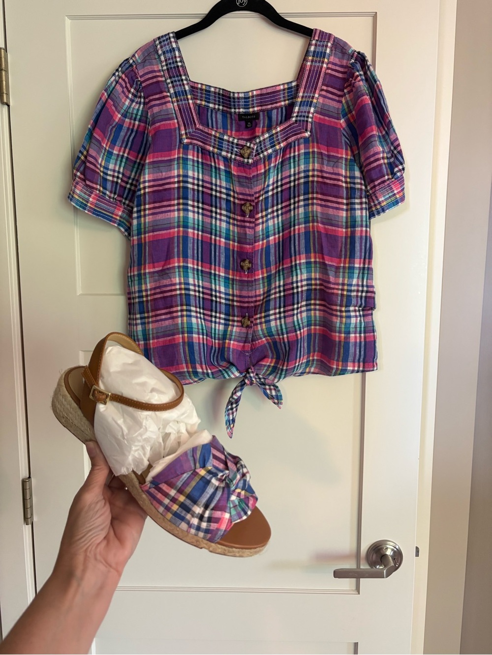 Talbots Linen Plaid Tie-Hem Button Front Top in Purple & Pink Size XL